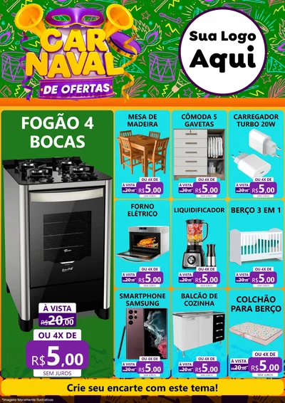 Modelo de Encarte para Encarte A4 Vertical com o tema Carnaval de Ofertas para Móveis e Eletro