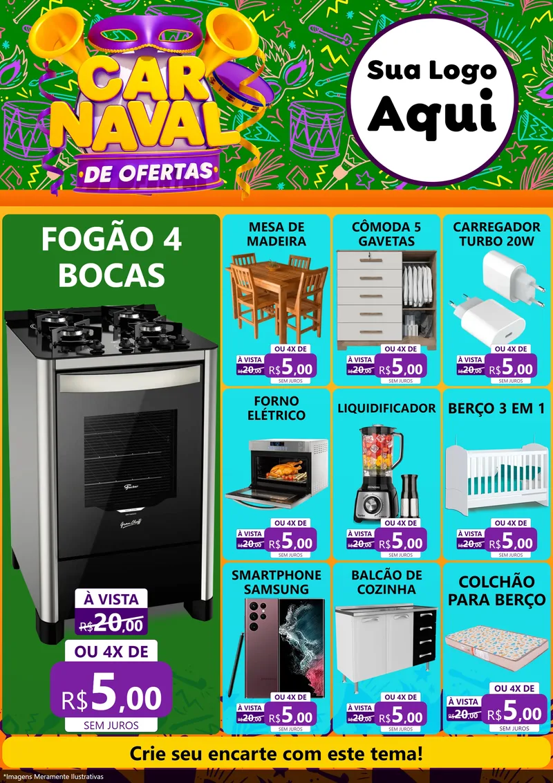 Modelo de Encarte para Encarte A4 Vertical com o tema Carnaval de Ofertas para Móveis e Eletro