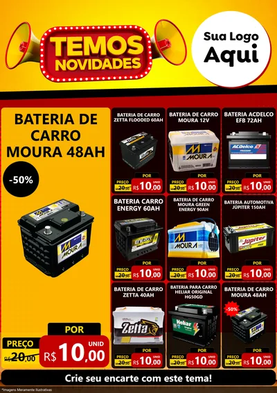 Modelo de Encarte para Encarte A4 Vertical com o tema Temos Novidades para Baterias Elétricas