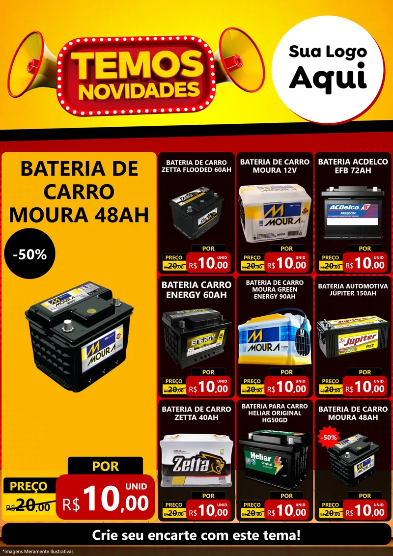 Modelo de Encarte para Encarte A4 Vertical com o tema Temos Novidades para Baterias Elétricas