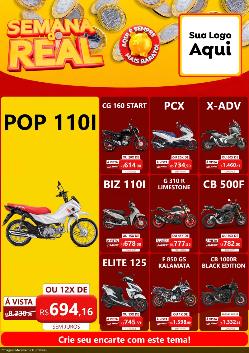 Modelo de Encarte para Encarte A4 Vertical com o tema Semana do Real para Concessionaria de Motos