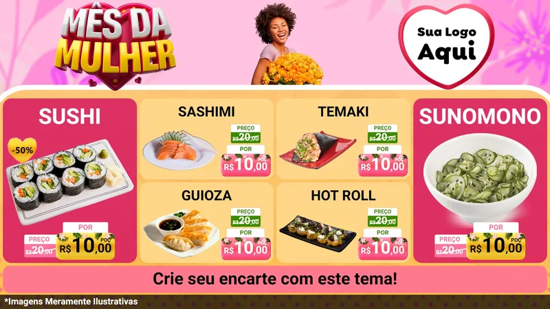 Modelo de TV para TV Horizontal com o tema Mês da Mulher para Comida japonesa