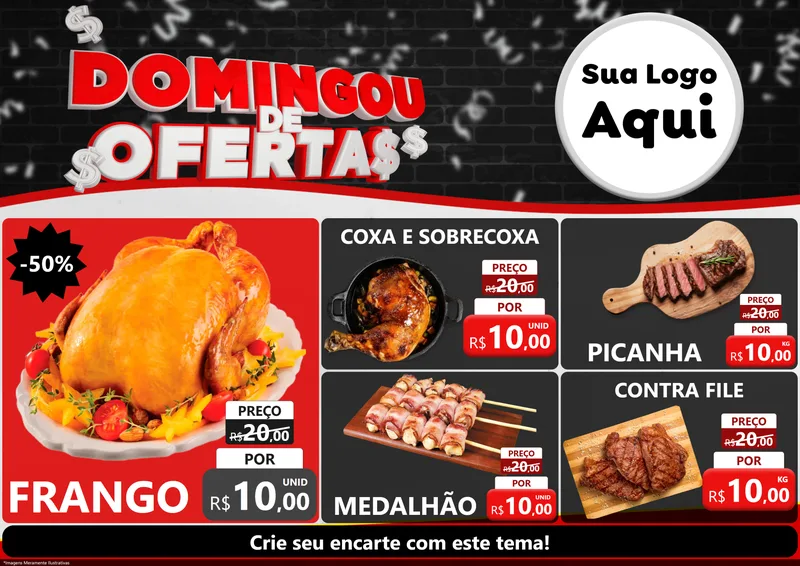 Modelo de Encarte para Encarte A4 Horizontal com o tema Domingou de Ofertas para Assados