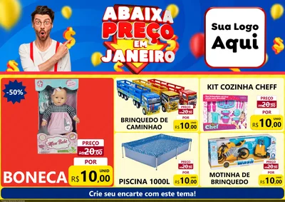 Modelo de Encarte para Encarte A4 Horizontal com o tema Abaixa Preço em Janeiro para Brinquedos