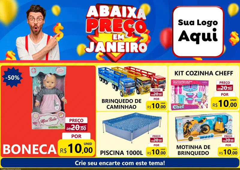 Modelo de Encarte para Encarte A4 Horizontal com o tema Abaixa Preço em Janeiro para Brinquedos