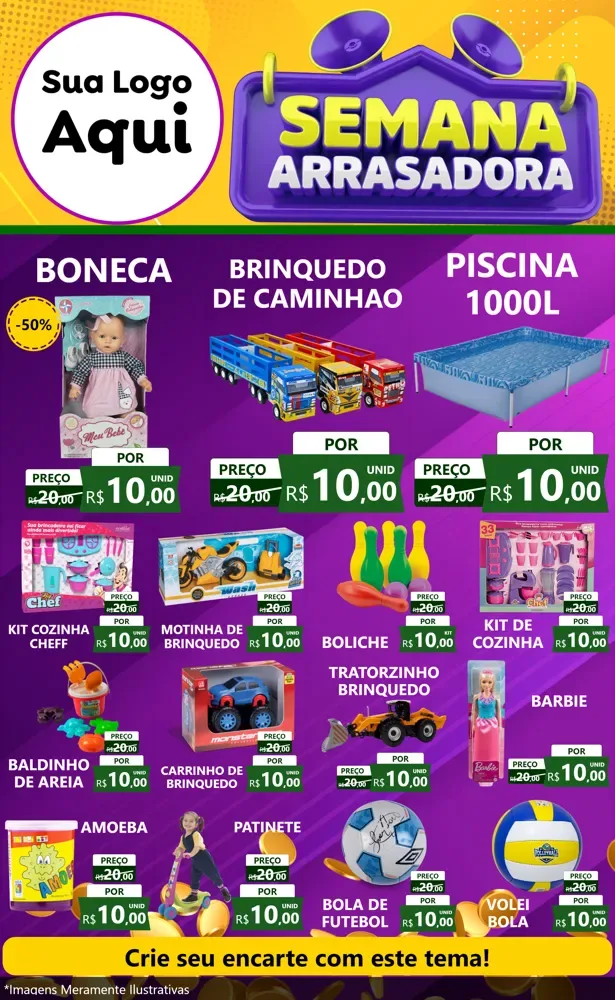 Modelo de Encarte para Encarte Grande com o tema Semana Arrasadora para Brinquedos