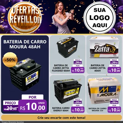 Modelo de Rede Social para Feed Facebook com o tema Ofertas de Réveillon para Baterias Elétricas