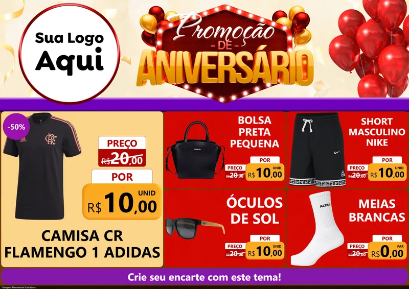 Modelo de Encarte para Encarte A4 Horizontal com o tema Promoção de Aniversário para Roupas e acessórios