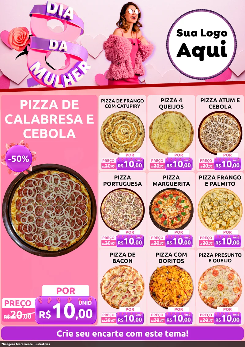 Modelo de Encarte para Encarte A4 Vertical com o tema Dia da Mulher para Pizzaria