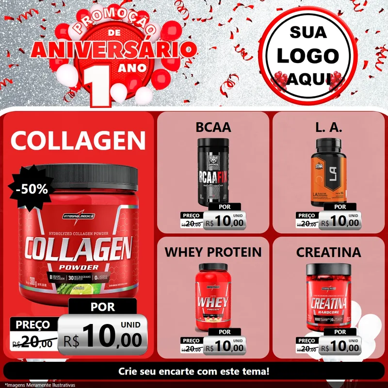 Modelo de Rede Social para Feed Facebook com o tema Promoção de Aniversário - 1 Ano para Suplementos alimentares