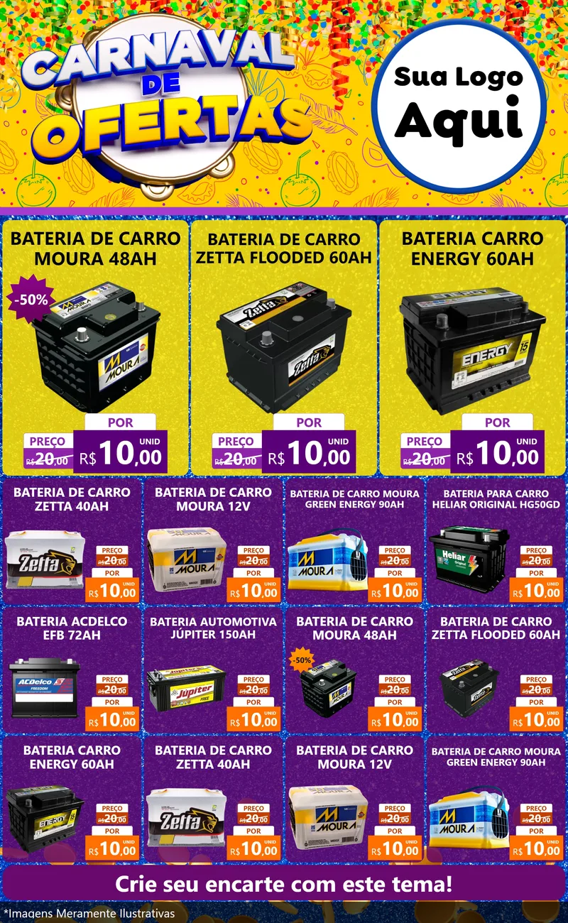 Modelo de Encarte para Encarte Grande com o tema Carnaval de Ofertas para Baterias Elétricas