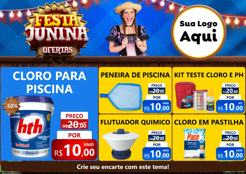 Modelo de Encarte para Encarte A4 Horizontal com o tema Festa Junina Ofertas para Produtos para Piscina
