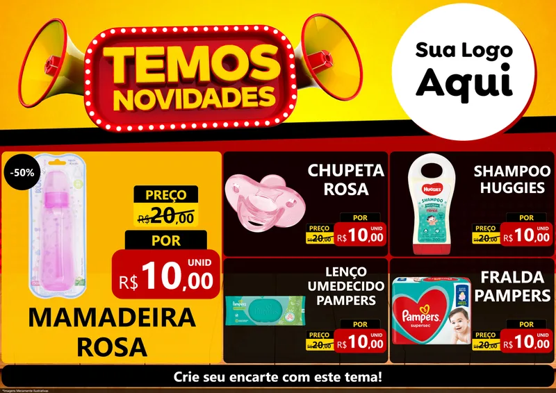 Modelo de Encarte para Encarte A4 Horizontal com o tema Temos Novidades para Bebês