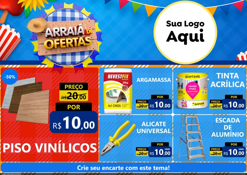 Modelo de Encarte para Encarte A4 Horizontal com o tema Arraiá de Ofertas para Material para Construção