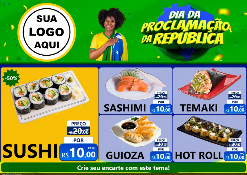 Modelo de Encarte para Encarte A4 Horizontal com o tema Dia Da Proclamação Da República para Comida japonesa