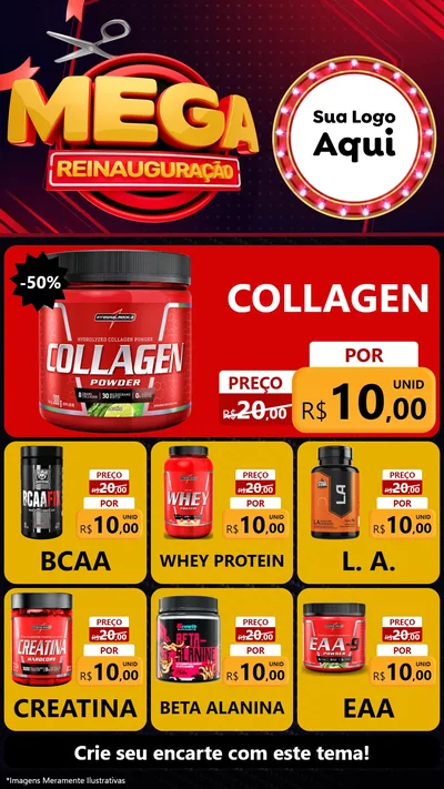 Modelo de Rede Social para Stories com o tema Mega Reinauguração para Suplementos alimentares