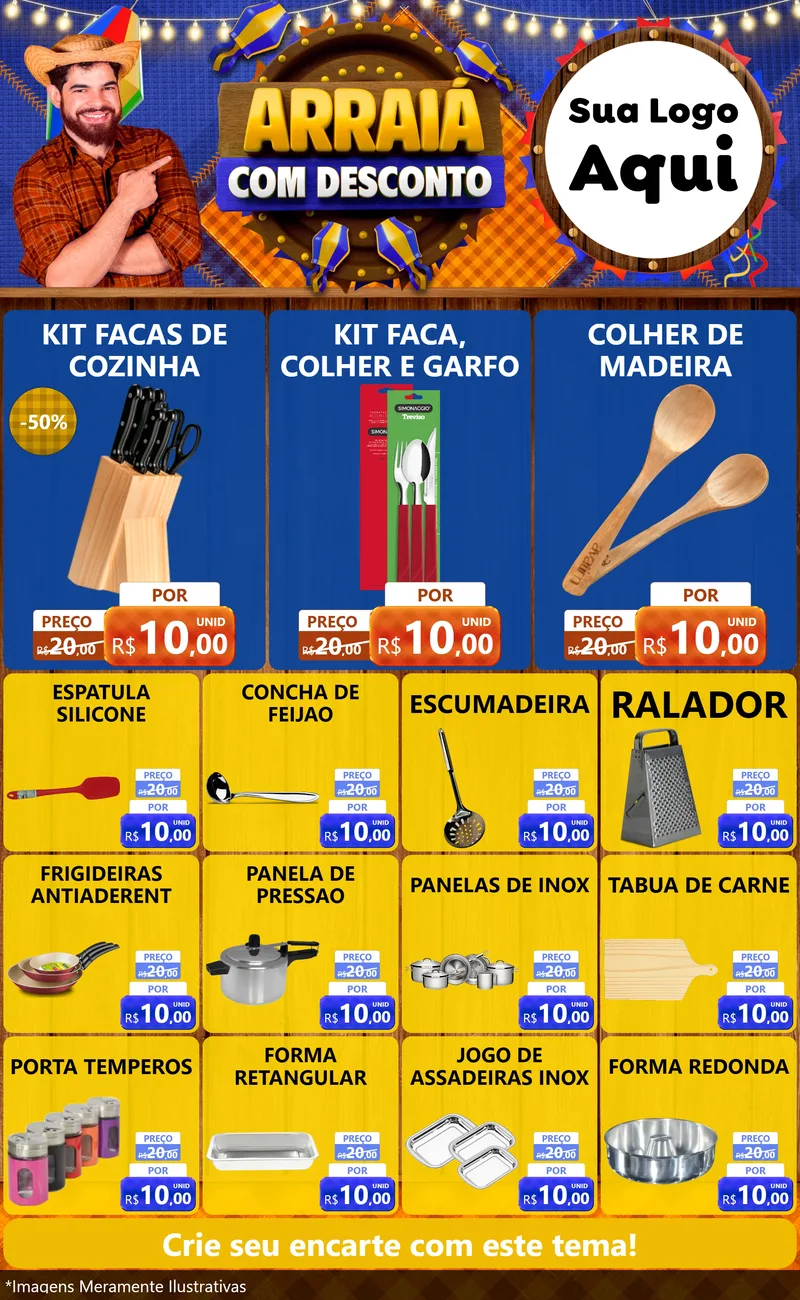 Modelo de Encarte para Encarte Grande com o tema Arraiá Com Desconto para Utilidades Domésticas