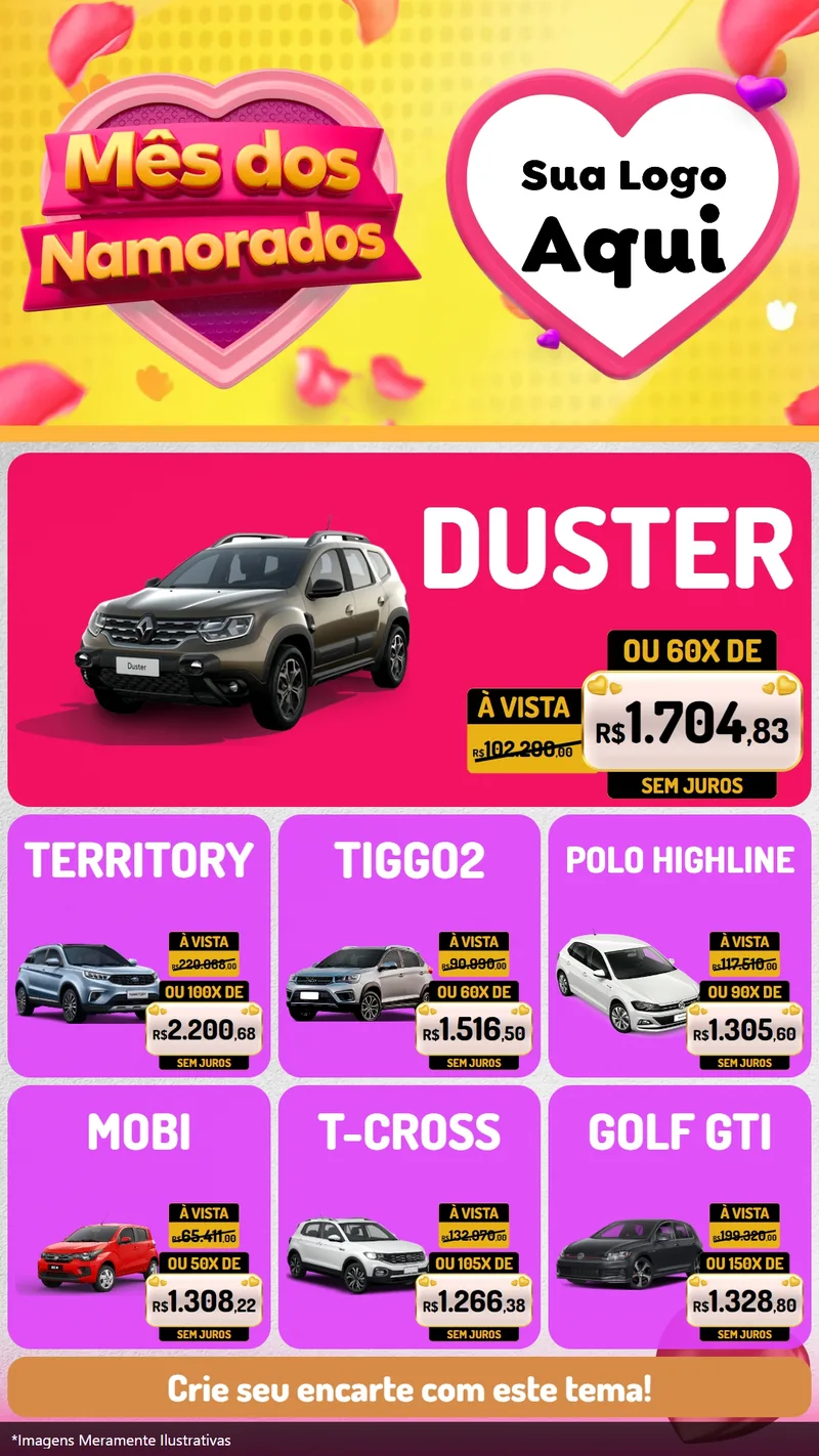 Modelo de Rede Social para Stories com o tema Mês dos Namorados para Concessionaria de Carros