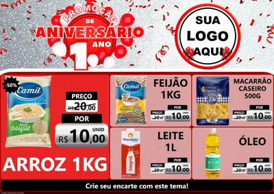 Modelo de Encarte para Encarte A4 Horizontal com o tema Promoção de Aniversário - 1 Ano para Supermercado