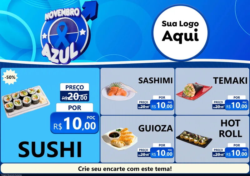 Modelo de Encarte para Encarte A4 Horizontal com o tema Novembro Azul para Comida japonesa