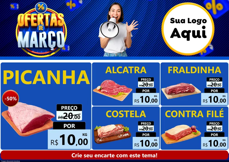 Modelo de Encarte para Encarte A4 Horizontal com o tema Ofertas de Março para Açougue