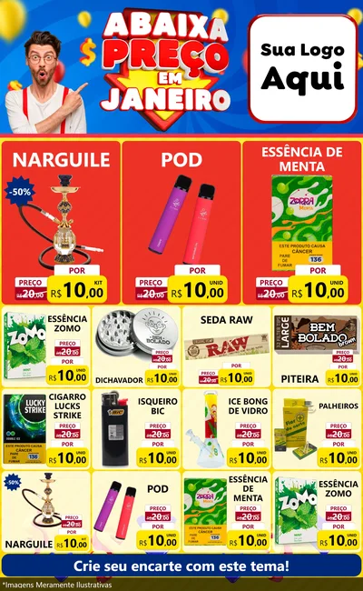 Modelo de Encarte para Encarte Grande com o tema Abaixa Preço em Janeiro para Tabacaria