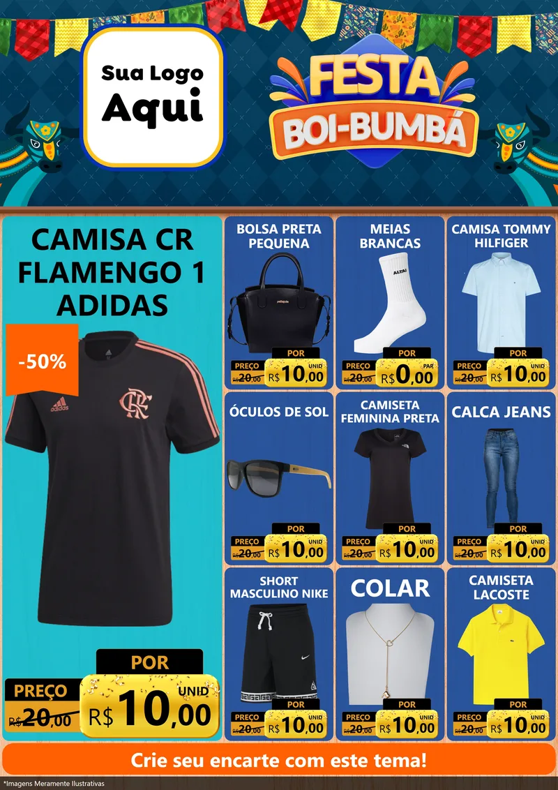 Modelo de Encarte para Encarte A4 Vertical com o tema Festa Boi Bumbá para Roupas e acessórios
