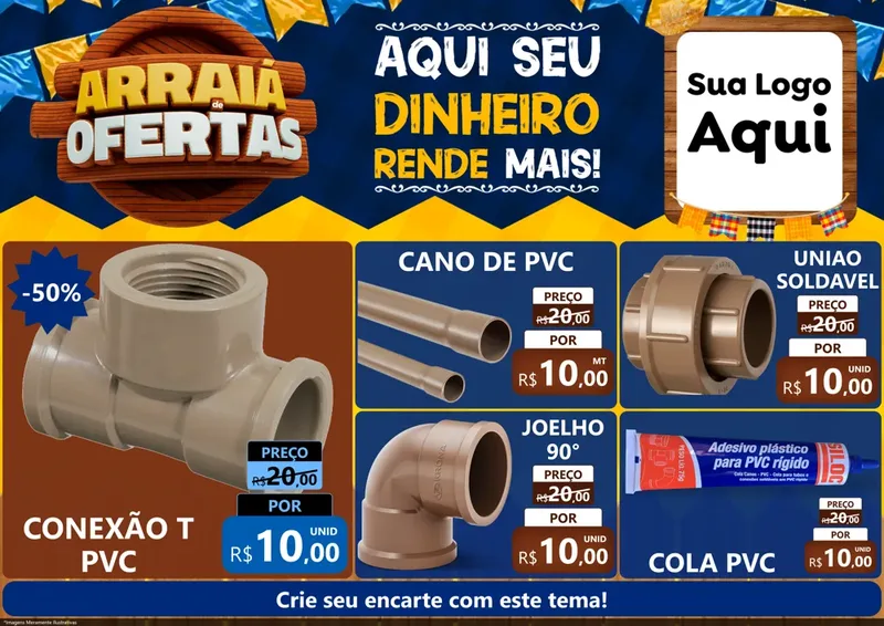 Modelo de Encarte para Encarte A4 Horizontal com o tema Arraiá de Ofertas - Junina para Tubos e conexões