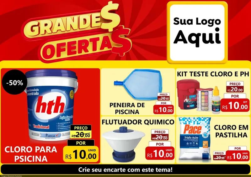 Modelo de Encarte para Encarte A4 Horizontal com o tema Grandes Ofertas para Produtos para Piscina