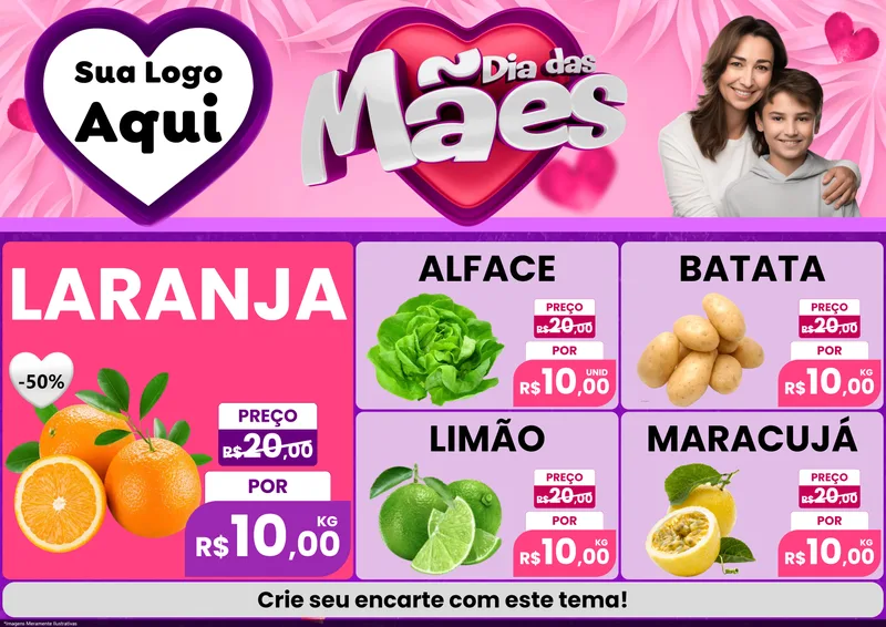 Modelo de Encarte para Encarte A4 Horizontal com o tema Dia das Mães para Hortifrúti