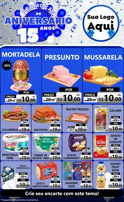 Modelo de Encarte para Encarte Grande com o tema Promoção de Aniversário - 15 Anos para Frios e Laticínios