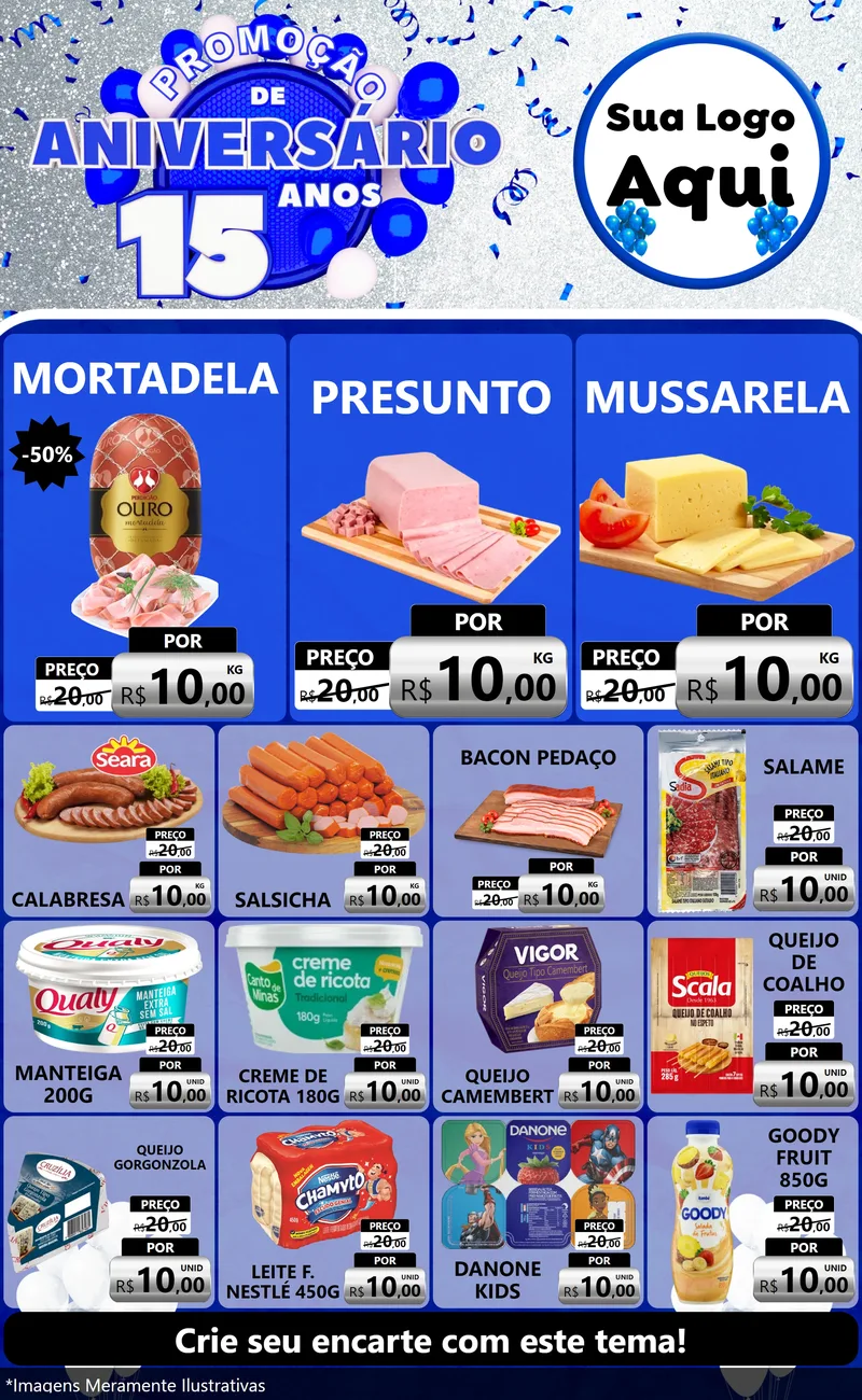 Modelo de Encarte para Encarte Grande com o tema Promoção de Aniversário - 15 Anos para Frios e Laticínios