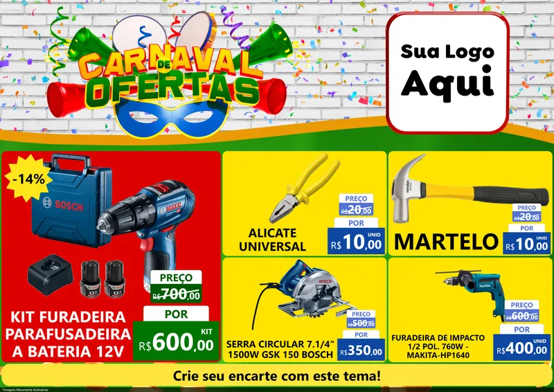 Modelo de Encarte para Encarte A4 Horizontal com o tema Carnaval de Ofertas para Maquinas e Ferramentas