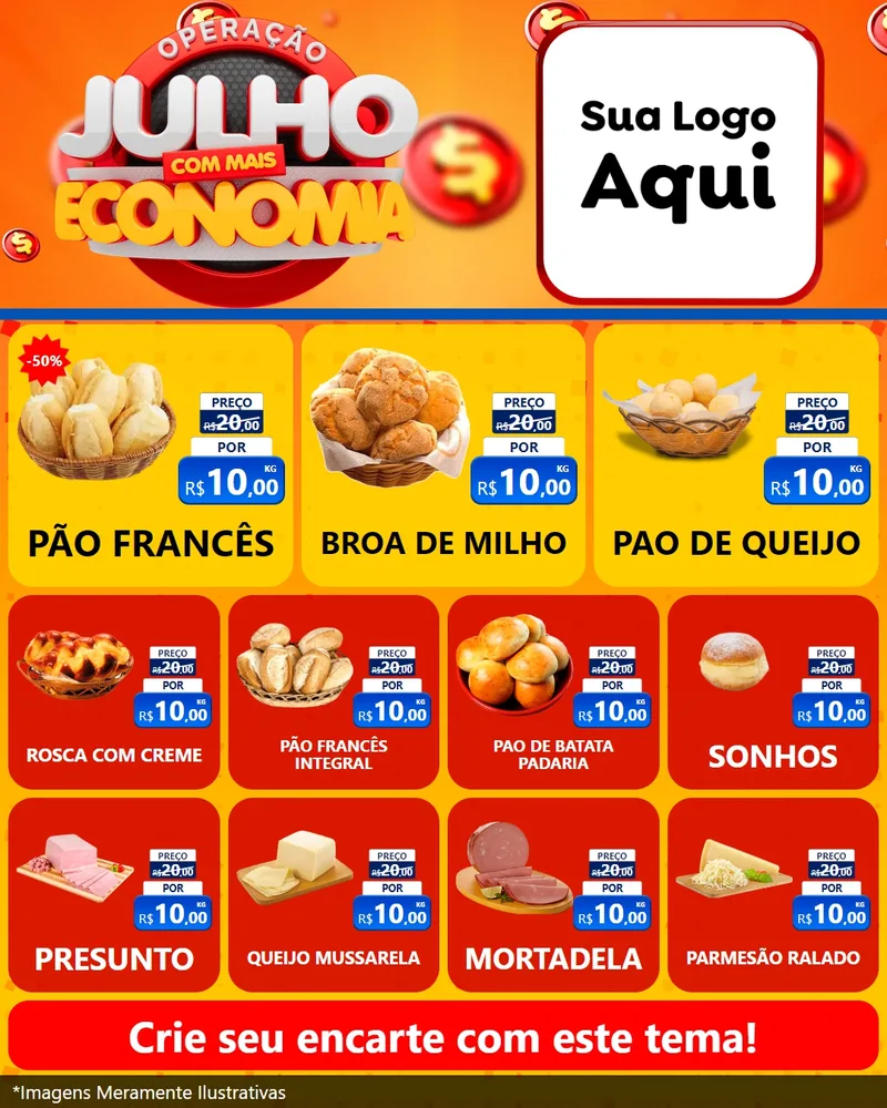 Modelo de Rede Social para Feed Instagram com o tema Operação Julho Com Mais Economia para Padaria
