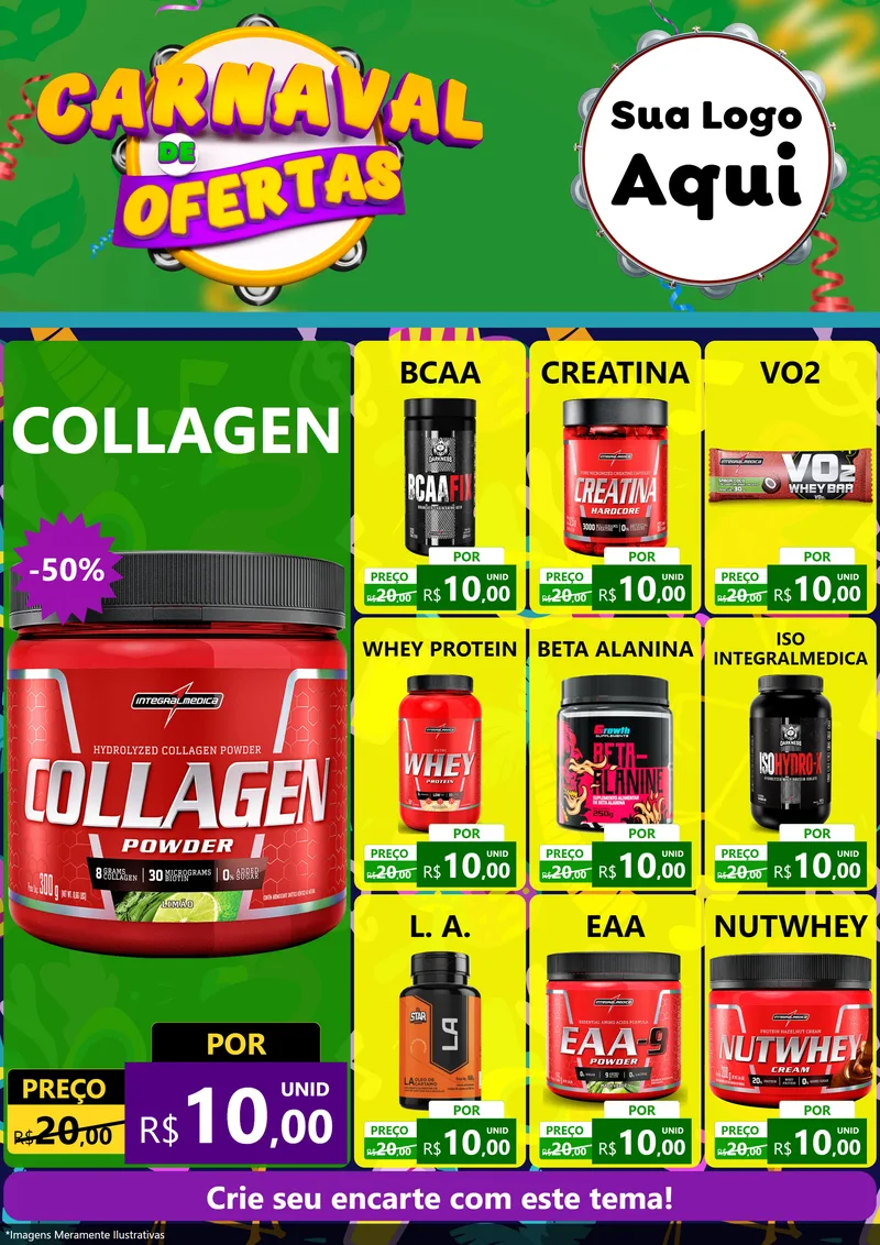 Modelo de Encarte para Encarte A4 Vertical com o tema Carnaval de Ofertas para Suplementos alimentares