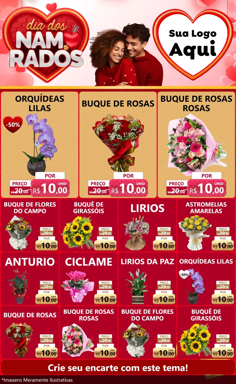 Modelo de Encarte para Encarte Grande com o tema Dia dos Namorados para Floricultura e jardim