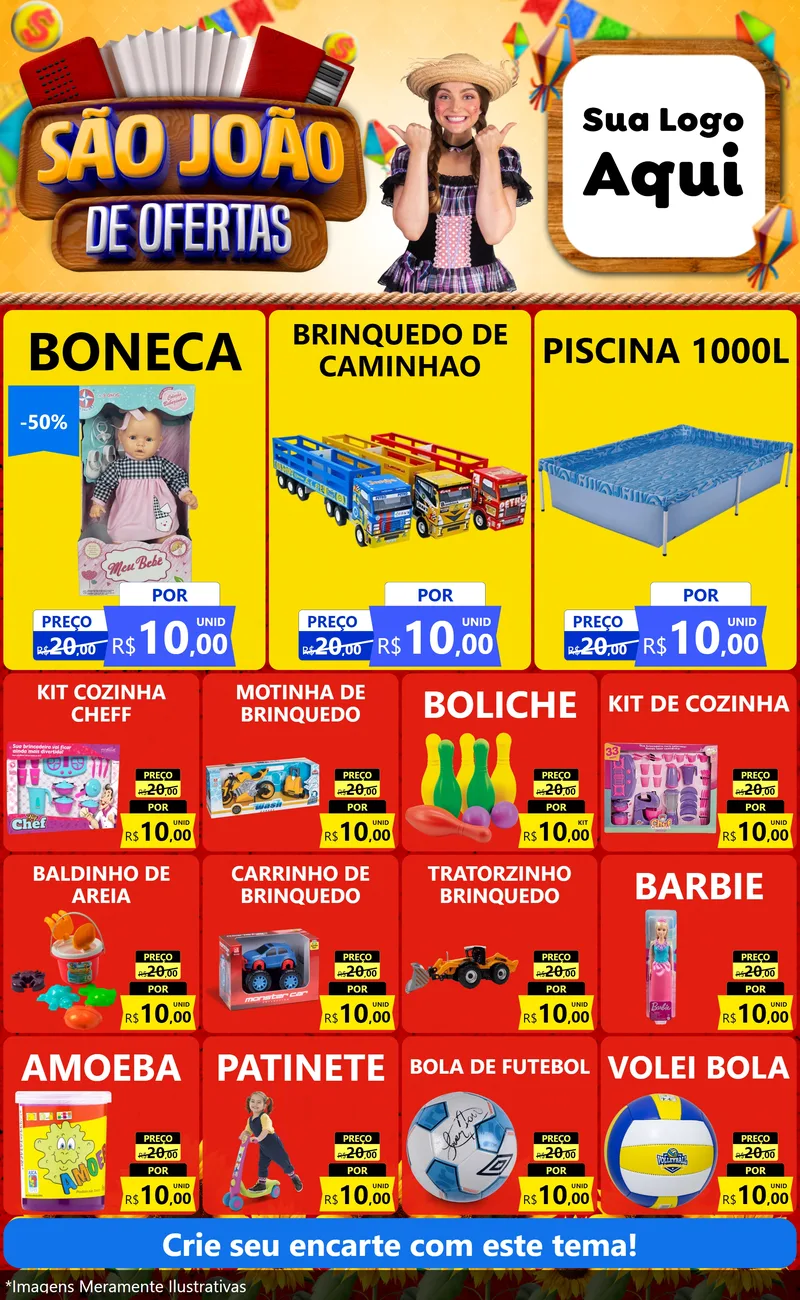Modelo de Encarte para Encarte Grande com o tema São João de Ofertas para Brinquedos