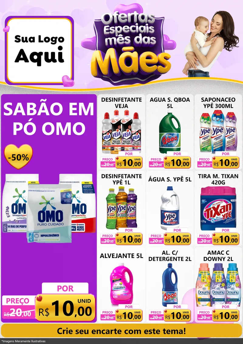 Modelo de Encarte para Encarte A4 Vertical com o tema Ofertas Especiais - Mês das Mães para Produtos de Limpeza