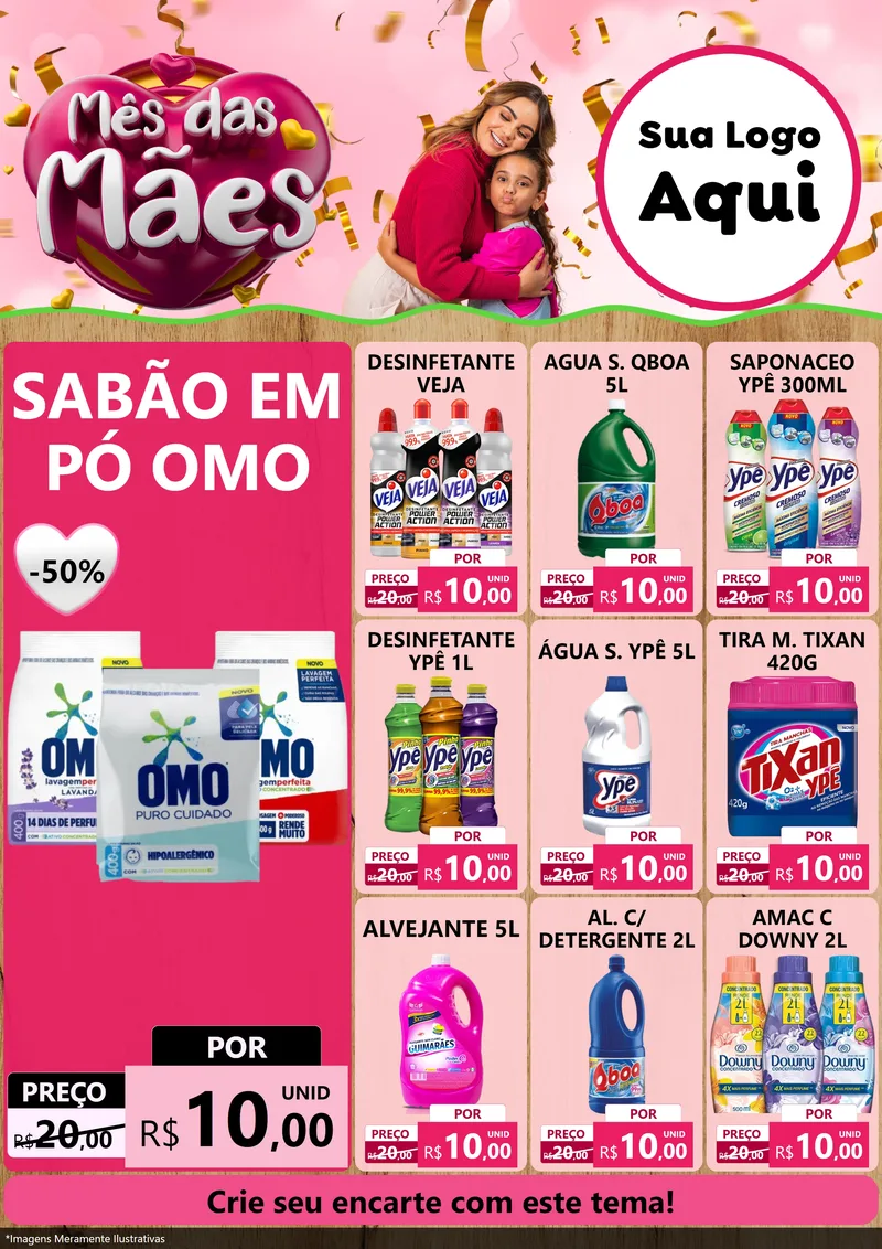 Modelo de Encarte para Encarte A4 Vertical com o tema Mês das Mães para Produtos de Limpeza