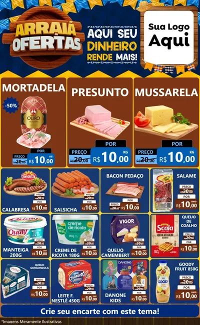 Modelo de Encarte para Encarte Grande com o tema Arraiá de Ofertas - Junina para Frios e Laticínios