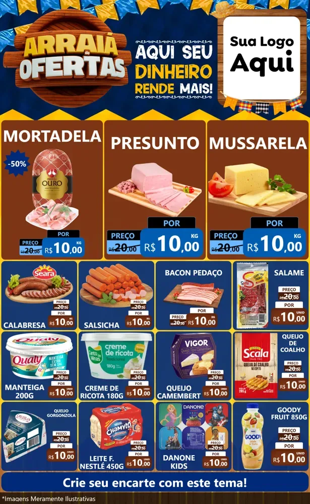Modelo de Encarte para Encarte Grande com o tema Arraiá de Ofertas - Junina para Frios e Laticínios
