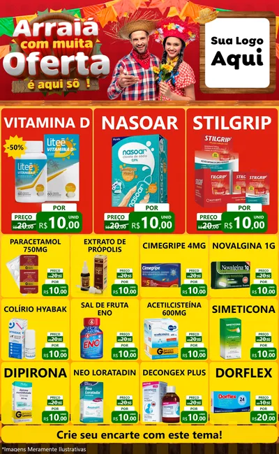 Modelo de Encarte para Encarte Grande com o tema Arraiá Com Muita Oferta - É Aqui Sô! para Farmácia