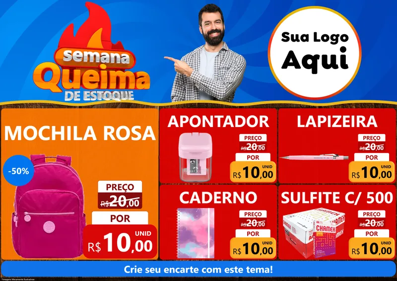 Modelo de Encarte para Encarte A4 Horizontal com o tema Semana Queima de Estoque para Papelaria