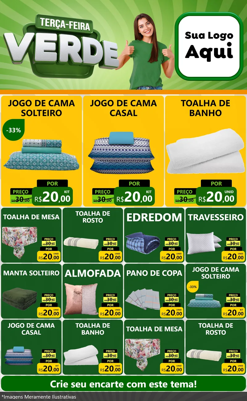 Modelo de Encarte para Encarte Grande com o tema Terça - Feira Verde para Cama, Mesa e Banho