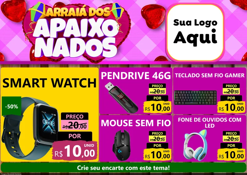 Modelo de Encarte para Encarte A4 Horizontal com o tema Arraiá dos Apaixonados para Informática