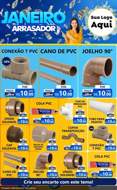 Modelo de Encarte para Encarte Grande com o tema Janeiro Arrasador para Tubos e conexões