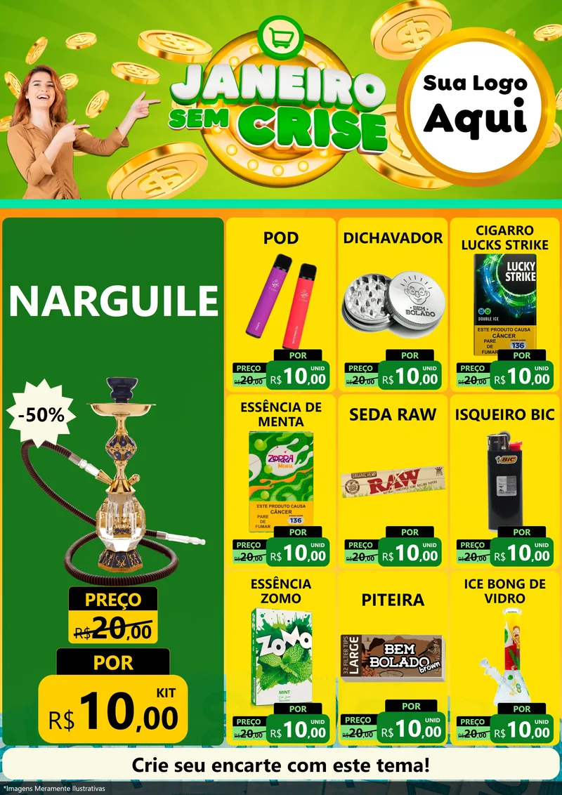 Modelo de Encarte para Encarte A4 Vertical com o tema Janeiro Sem Crise para Tabacaria