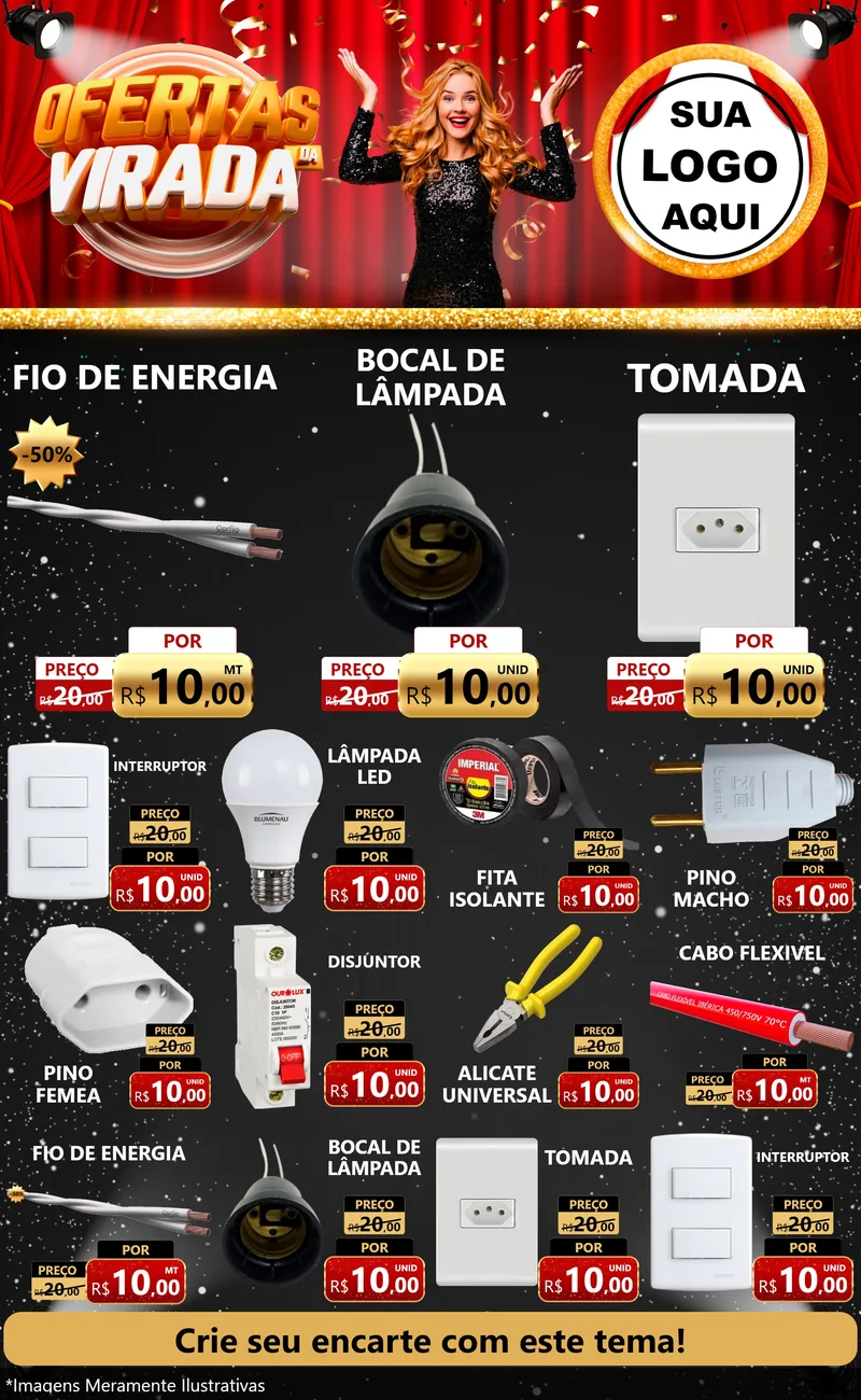 Modelo de Encarte para Encarte Grande com o tema Ofertas da Virada para Materiais Elétricos