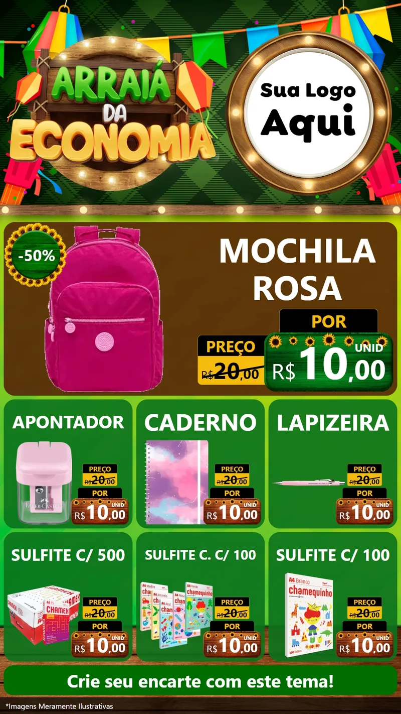 Modelo de Rede Social para Stories com o tema Arraiá de Economia para Papelaria