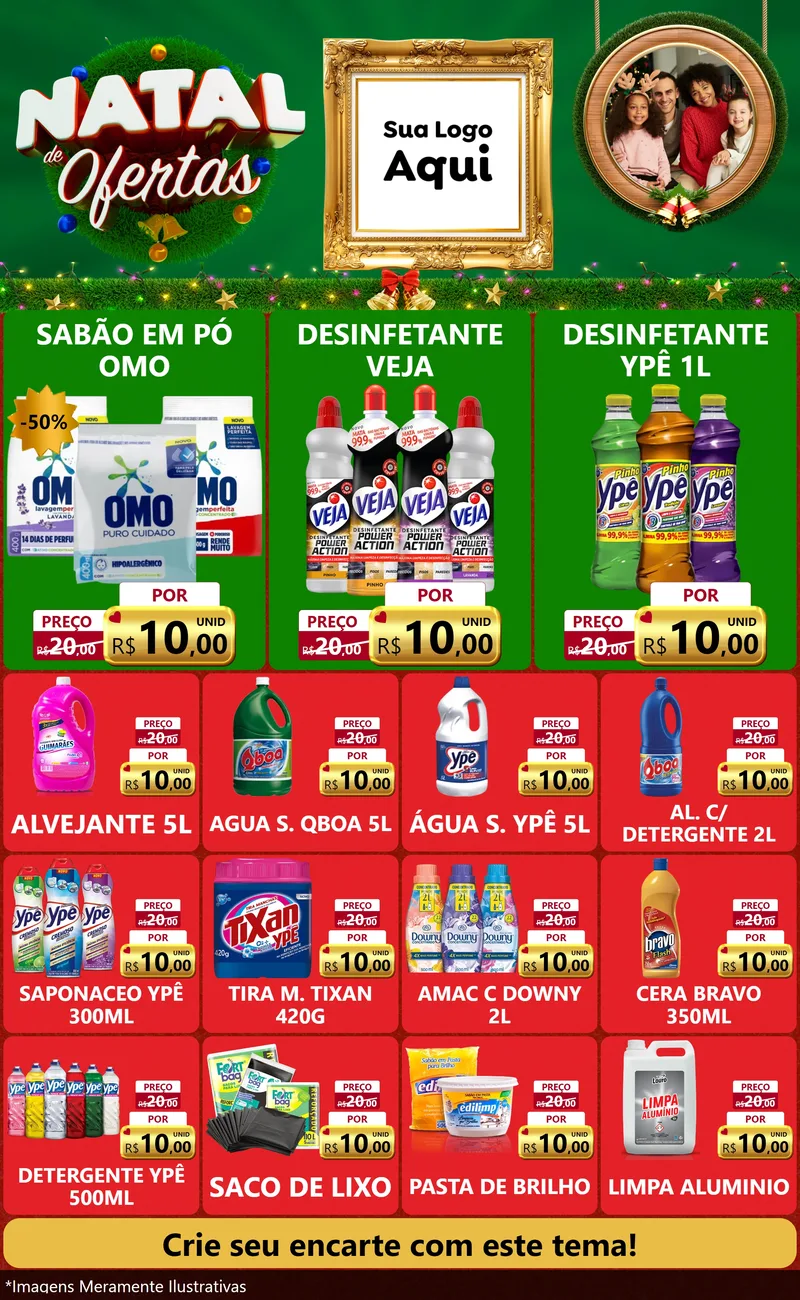 Modelo de Encarte para Encarte Grande com o tema Natal de Ofertas para Produtos de Limpeza
